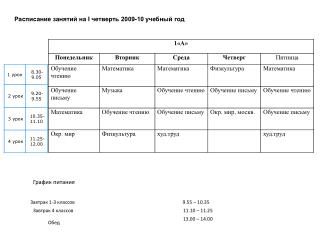 Расписание занятий на I четверть 2009-10 учебный год