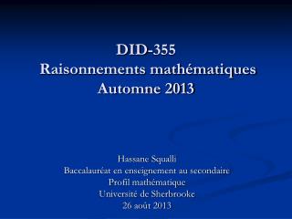 DID-355 Raisonnements mathématiques Automne 2013