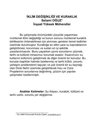 İKLİM DEĞİŞİKLİĞİ VE KURAKLIK Selami OĞUZ 1 İnşaat Yüksek Mühendisi