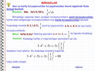 Son va harfiy ko‘paytuvchilar ko‘paytmasidan iborat algebraik ifoda birhad deyiladi.