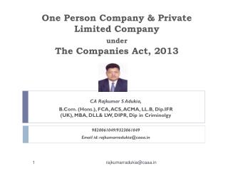 One Person Company &amp; Private Limited Company under The Companies Act, 2013