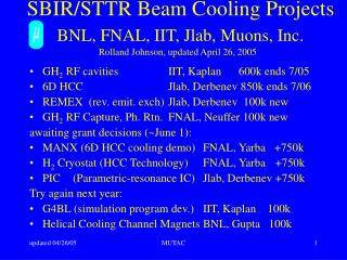 GH 2 RF cavities		IIT, Kaplan 600k ends 7/05 6D HCC 			Jlab, Derbenev	 850k ends 7/06