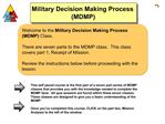 Welcome to the Military Decision Making Process MDMP Class. There are seven parts to the MDMP class. This class cover