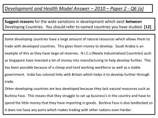 Development and Health Model Answer – 2010 – Paper 2 - Q6 (a)