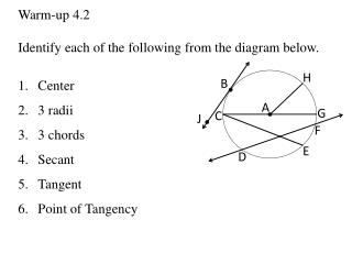 Warm-up 4.2 Identify each of the following from the diagram below. Center 3 radii 3 chords Secant