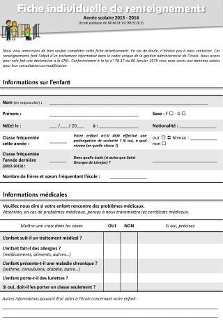 Fiche individuelle de renseignements Année scolaire 2013 - 2014