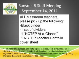 Ranson IB Staff Meeting September 14, 2011