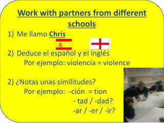 Work with partners from different schools Me llamo Chris Deduce el español y el inglés