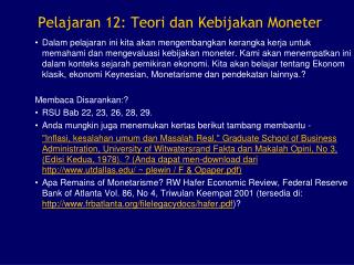 Pelajaran 12: Teori dan Kebijakan Moneter