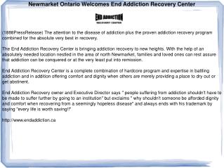 Newmarket Ontario Welcomes End Addiction Recovery Center