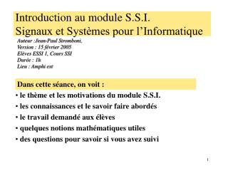 Introduction au module S.S.I. Signaux et Systèmes pour l’Informatique