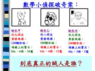 疑犯甲 ： 約九時在 案發現場； 120顆珍珠； 項鍊上的寶石： 8紅、6綠、10藍