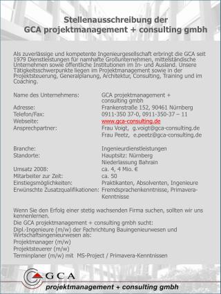Stellenausschreibung der GCA projektmanagement + consulting gmbh