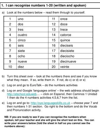 1. I can recognise numbers 1-20 (written and spoken)