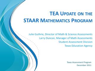 TEA Update on the STAAR Mathematics Program