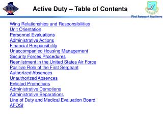 Active Duty – Table of Contents