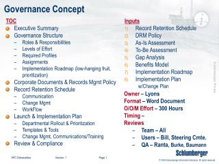 TOC Executive Summary Governance Structure Roles &amp; Responsibilities Levels of Effort