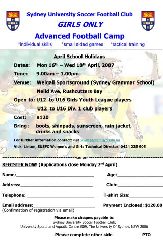 Sydney University Soccer Football Club GIRLS ONLY Advanced Football Camp