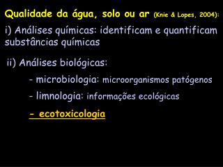 Qualidade da água, solo ou ar (Knie &amp; Lopes, 2004):