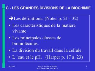 G - LES GRANDES DIVISIONS DE LA BIOCHIMIE
