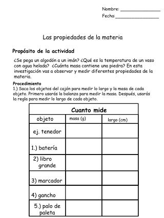 Las propiedades de la materia Propósito de la actividad