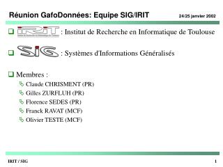 Réunion GafoDonnées: Equipe SIG/IRIT	 24/25 janvier 2002