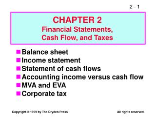 Balance sheet Income statement Statement of cash flows Accounting income versus cash flow