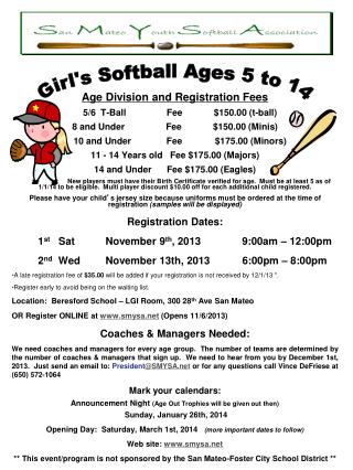 Age Division and Registration Fees 5/6 T-Ball	Fee	$150.00 (t-ball)