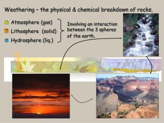 Weathering – the physical &amp; chemical breakdown of rocks. Atmosphere (gas)