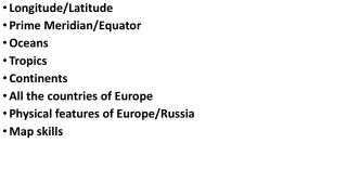 Longitude/Latitude Prime Meridian/Equator Oceans Tropics Continents All the countries of Europe