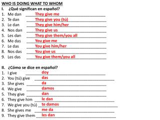 WHO IS DOING WHAT TO WHOM ¿Qué significan en español? Me dan	____________________________________