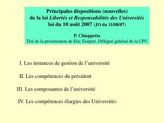 Principales dispositions (nouvelles) de la loi Libertés et Responsabilités des Universités