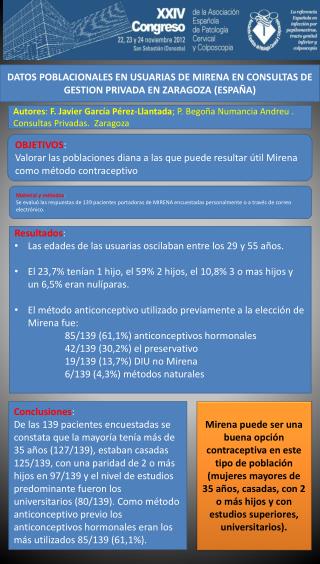 DATOS POBLACIONALES EN USUARIAS DE MIRENA EN CONSULTAS DE GESTION PRIVADA EN ZARAGOZA (ESPAÑA)