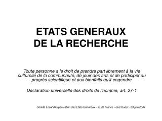 ETATS GENERAUX DE LA RECHERCHE