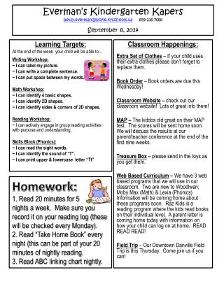 Learning Targets : At the end of the week your child will be able to… Writing Workshop: