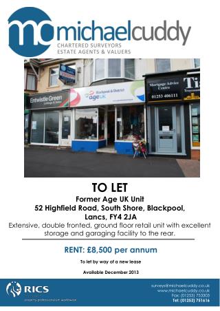 TO LET Former Age UK Unit 52 Highfield Road, South Shore, Blackpool, Lancs, FY4 2JA