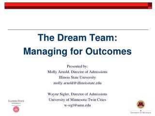 The Dream Team: Managing for Outcomes Presented by: Molly Arnold, Director of Admissions