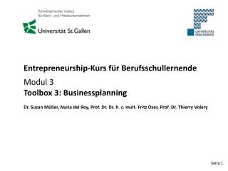 Entrepreneurship-Kurs für Berufsschullernende Modul 3 Toolbox 3: Businessplanning