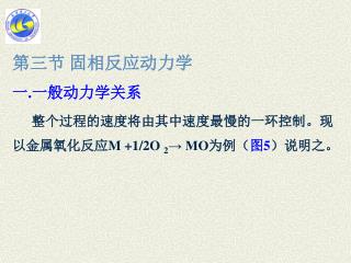 第三节 固相反应动力学 一 . 一般动力学关系 整个过程的速度将由其中速度最慢的一环控制。现以金属氧化反应 M +1/2O 2 → MO 为例（ 图 5 ）说明之。