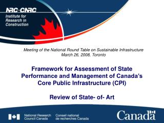 Framework for Assessment of State Performance and Management of Canada’s Core Public Infrastructure (CPI) Review of Sta