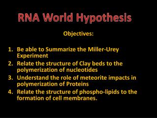 Objectives: Be able to Summarize the Miller-Urey Experiment
