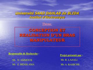 Université SAAD DAHLAB de BLIDA Institut d’Electronique