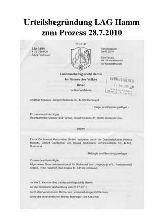 Urteilsbegründung LAG Hamm zum Prozess 28.7.2010