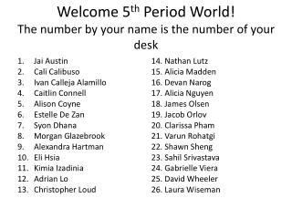 Welcome 5 th Period World! The number by your name is the number of your desk