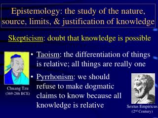 Epistemology: the study of the nature, source, limits, &amp; justification of knowledge