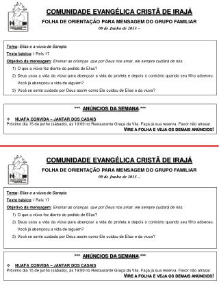 COMUNIDADE EVANGÉLICA CRISTÃ DE IRAJÁ FOLHA DE ORIENTAÇÃO PARA MENSAGEM DO GRUPO FAMILIAR