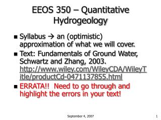 EEOS 350 – Quantitative Hydrogeology
