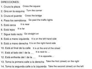 DIRECCIONES: 1. Cruza la plaza 2. Gira en la esquina 3. Cruza el puente 4. Pasa los semáforos