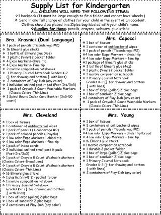 Supply List for Kindergarten