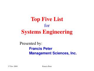 Top Five List for Systems Engineering